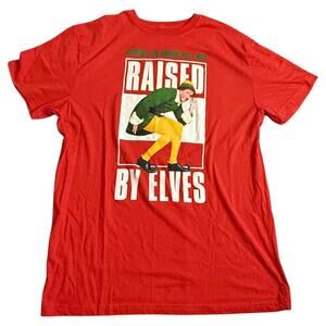 Elf Movie “Raised by Elves” Christmas Graphic Tee Red XL